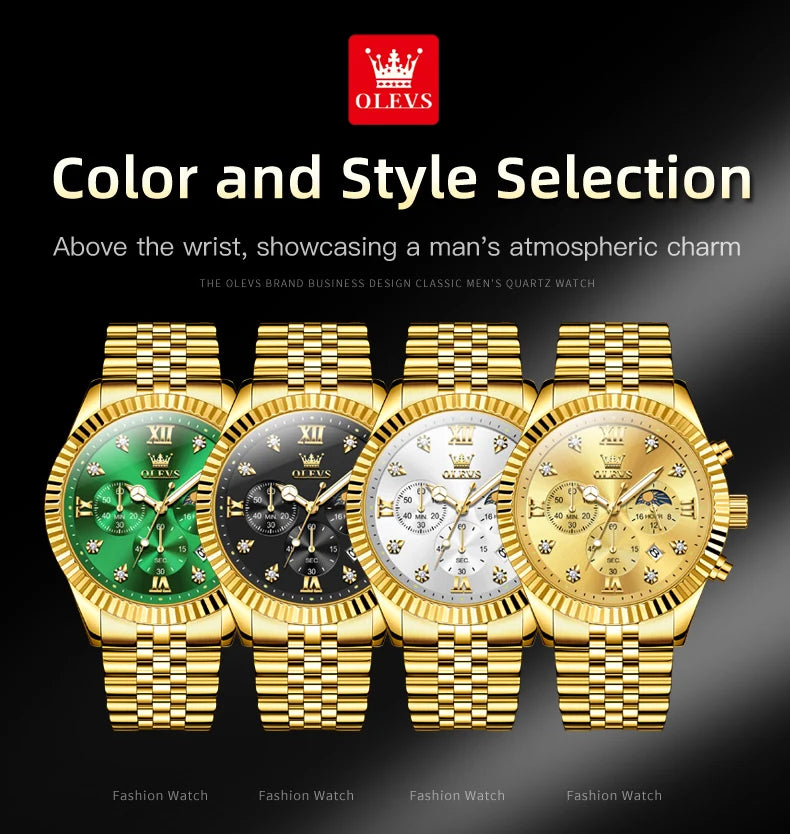 OLEVS Brand Luxury Gold Black Quartz Watch for Men Stainless Steel Waterproof Luminous Date Week Fashion Men Watches Reloj Hombr