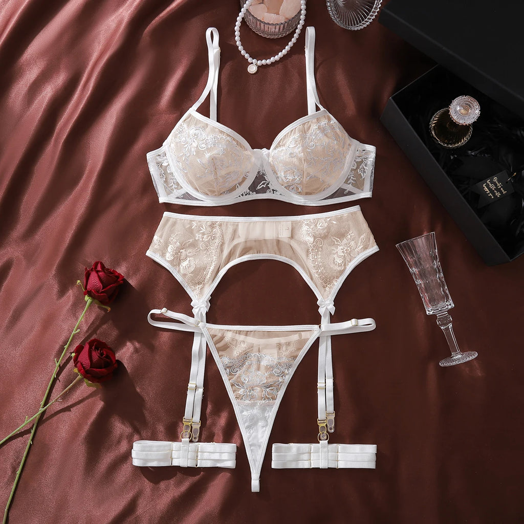 MUZISKAT 4 Piece Set Flower Embroidery Underwear Set For Women Solid Color Mesh See-through Sexy Lace Garters Underwear Set New