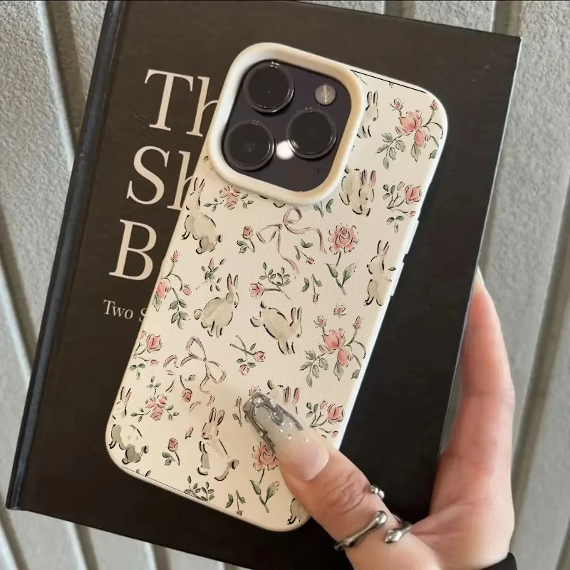 Phone Case For iPhone 17 Pro Max 16 Plus 15 Pro 14 13 12 11 XR 17Air Cute Butterfly Bunny Pink Floral  Lychee Textur Soft Cover