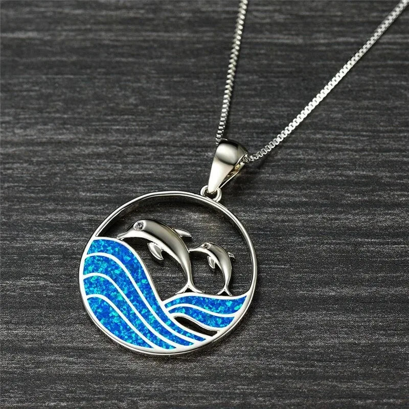 Boho Cute Sea Dolphin Pendant Necklace for Girl Statement Women Accessories Fashion Imitation Blue Opal Necklace Jewelry Gifts