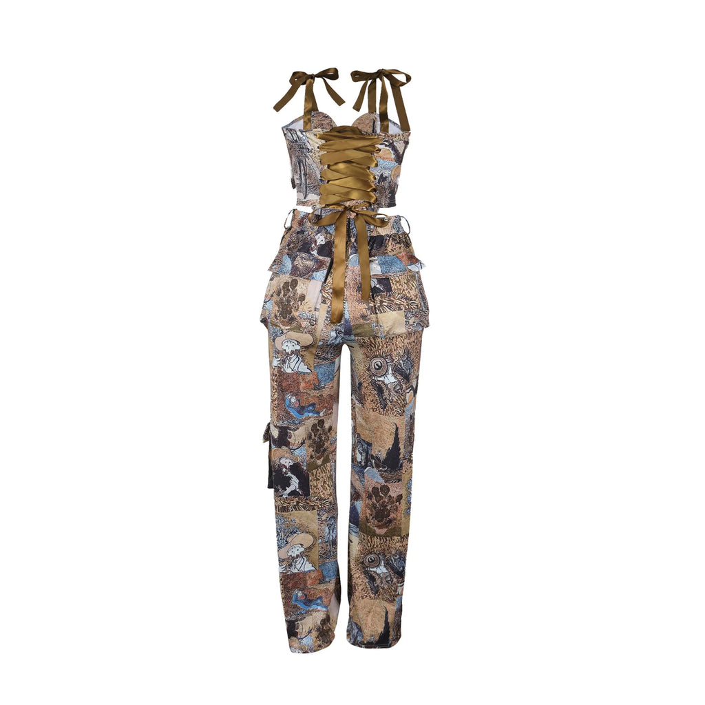 2 Piece Sets Women Print Top Straight Pants Suit Multiple Pockets Strapless Floor Length Trousers Ensemble 2025 Sexy Outfits