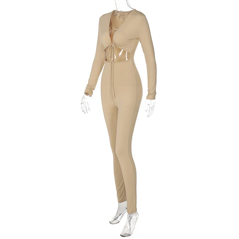 Summer Y2K Streetwear Women's Sexy Hollow Out Jumpsuits Bandage Tie Long Sleeve Bodycon Playsuits Women Clothes Gothic Rompers
