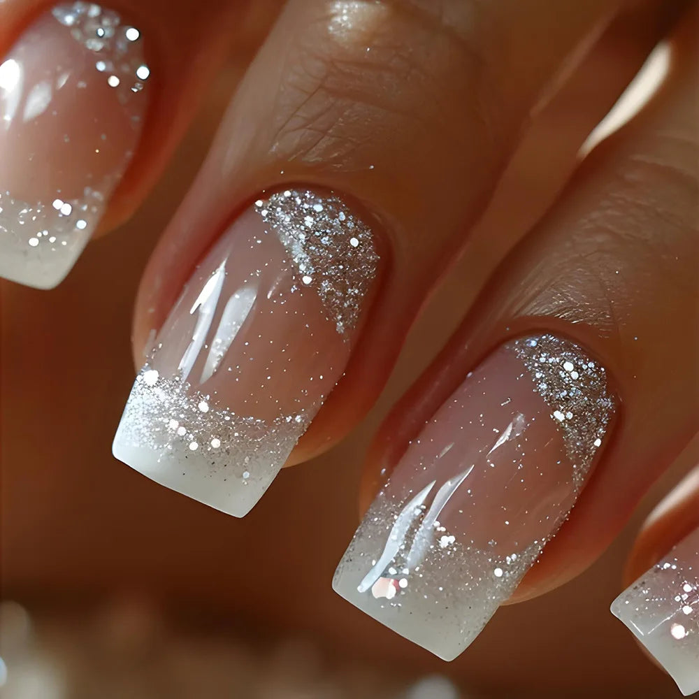 24pcs False Nails Sparkling White Edge French Nail Press on Nails Fake Nails DIY Manicure Detachable Nail Tips