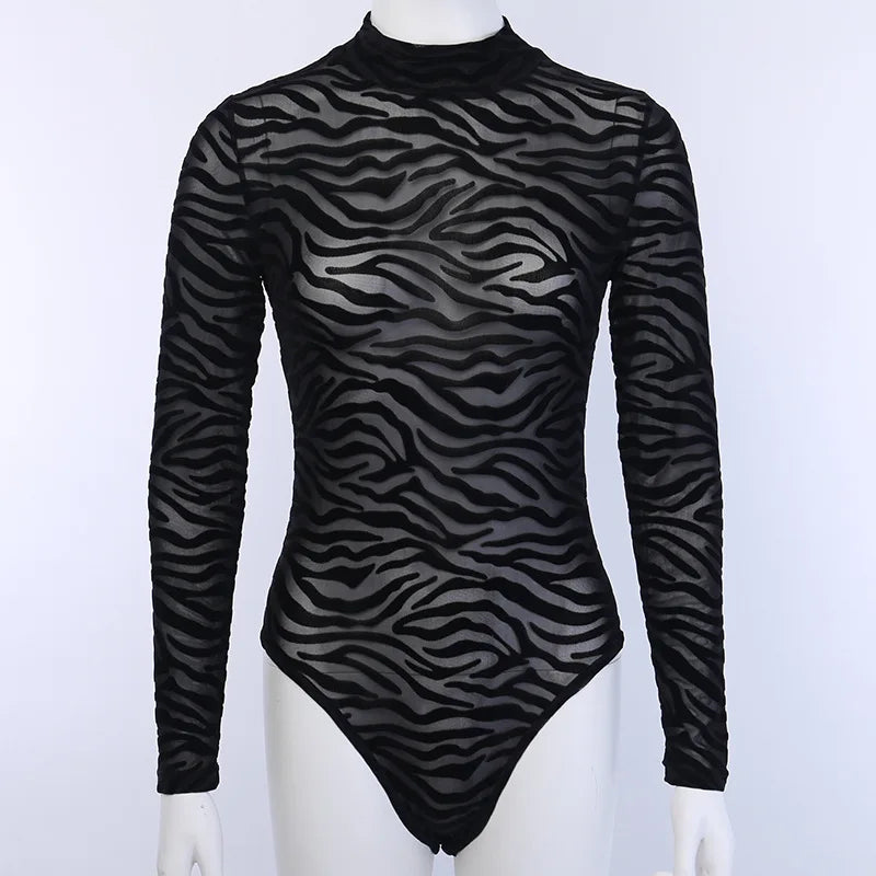Shestyle Tiger Print Mesh Transparent Bodysuit Women Black Sexy Mock Neck Button Long Sleeve Spring Elastic Punk Body Slim