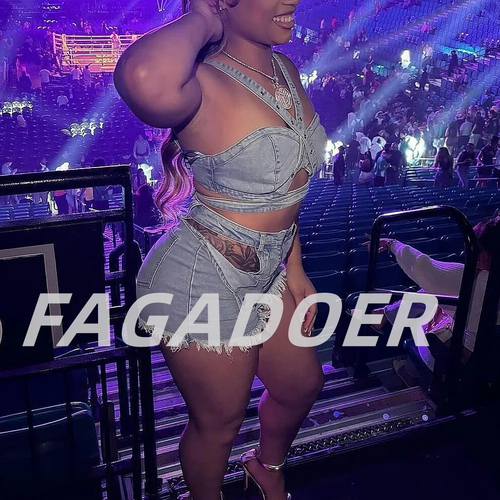 FAGADOER Summer New Sexy Denim 2 Piece Sets Woman Outfit  Y2k Streetwear Spaghetti Strap Sleeveless Crop Top and Shorts Suit