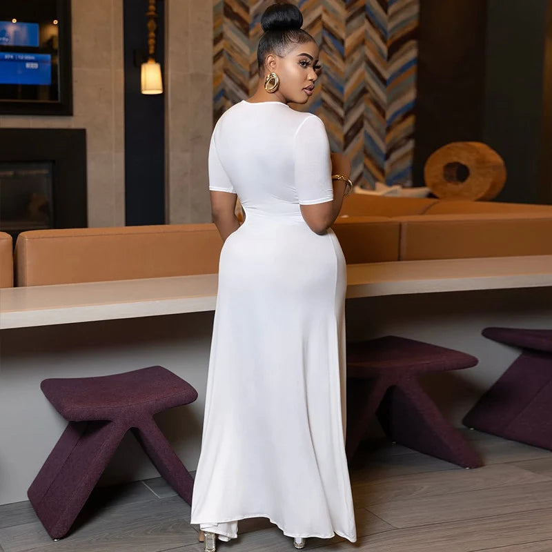 Sexy Hollow Out Ruched Split Bodycon Maxi Dress Women Short Sleeve O-neck Holiday Vacation Nitht Club Party Long Dresses Vestido
