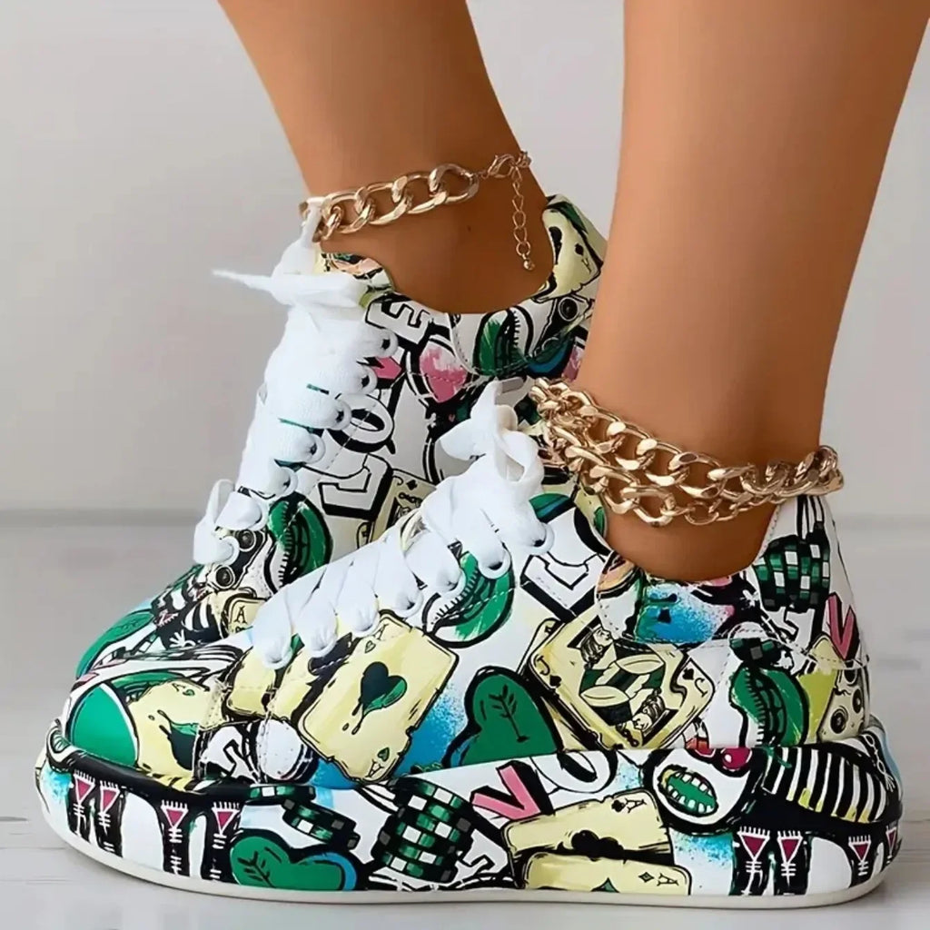 Women Sneakers Thick-soled Shoes 2025 New Summer Hand-painted Graffiti Shoes Outdoor Casual Women Sneakers