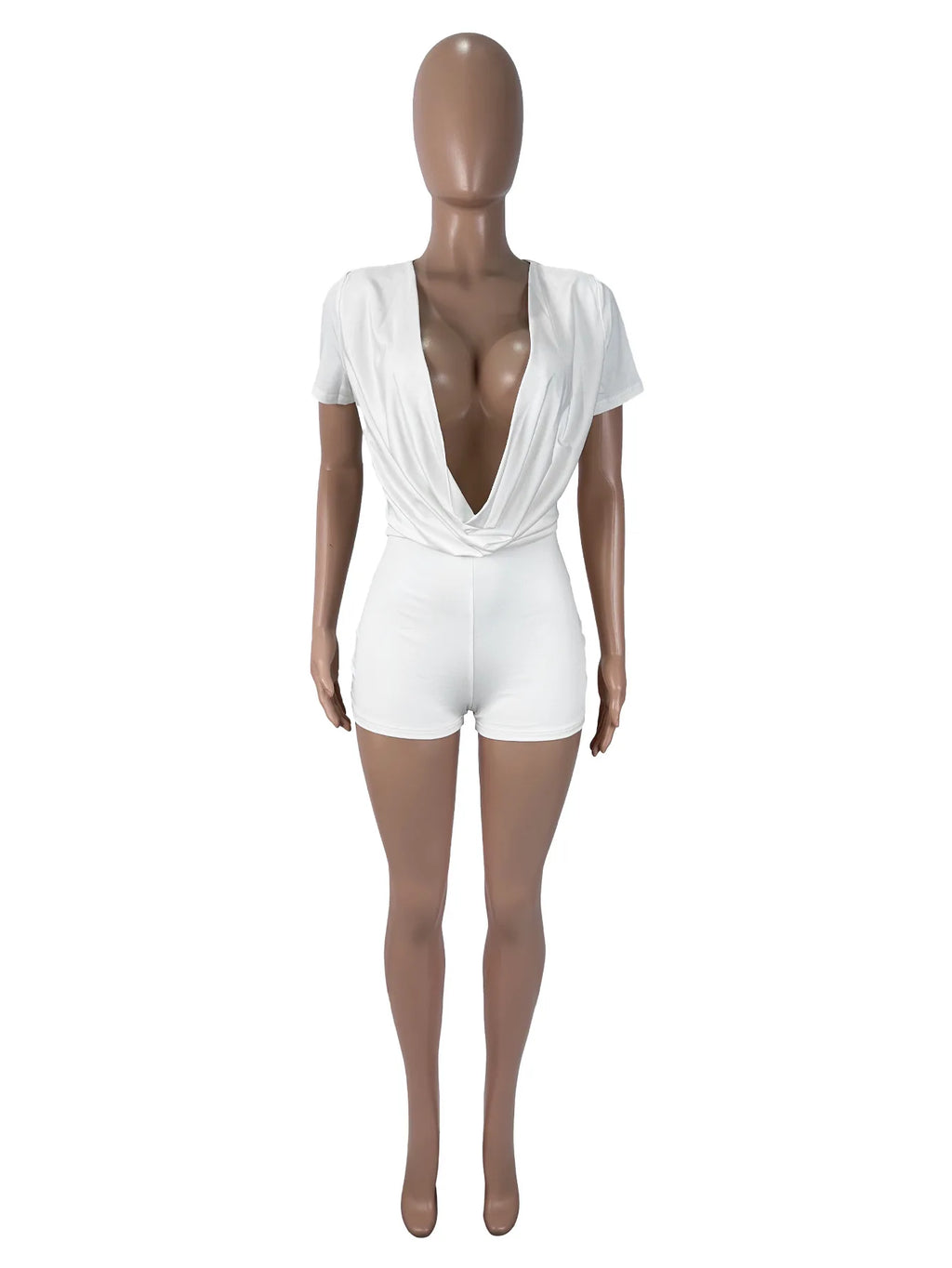 Sexy Solid Deep V-neck Short-sleeve White Playsuits Rompers Women Summer Bodycon Short Jumpsuit for Women