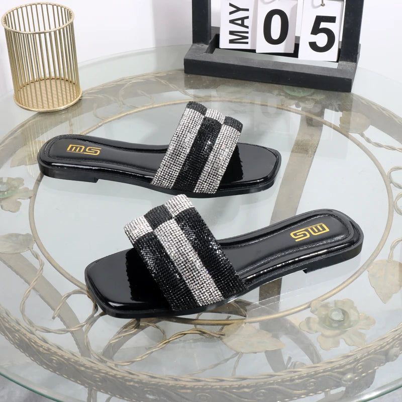 luxurious slippers 2025 rhinestone square toe fashion wear sandals  elegant flat bottom women's slippers black ladies shoes