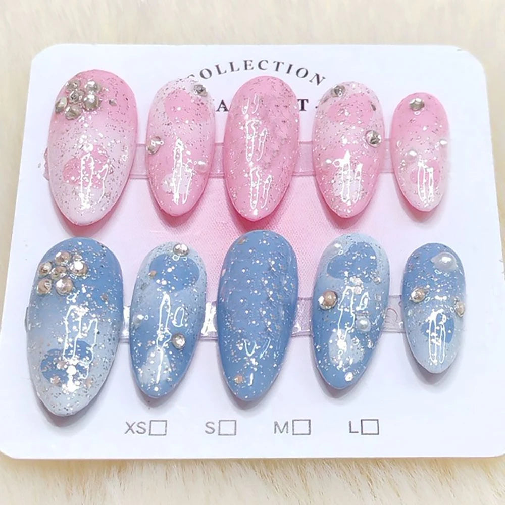 10Pcs Sweet Lovely Handmade Long Coffin Wearable Fake Nail Kawaii Girlish Heart Cartoon Pink Pearl Bow Diamond False Nail Gift