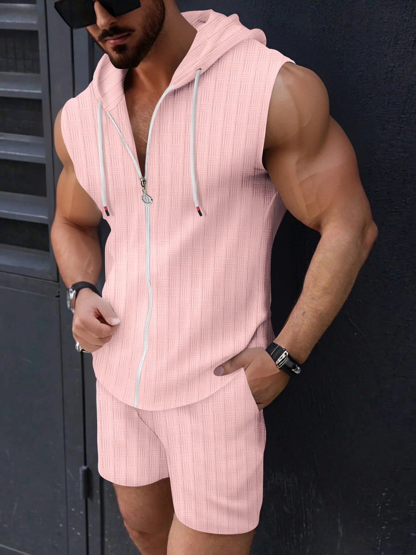 Summer new fashion set for men: hooded, zippered T-shirt, jacquard checkered sleeveless vest, shorts, sporty and comfortable set