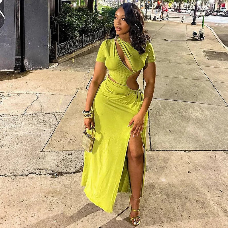 Sexy Hollow Out Ruched Split Bodycon Maxi Dress Women Short Sleeve O-neck Holiday Vacation Nitht Club Party Long Dresses Vestido