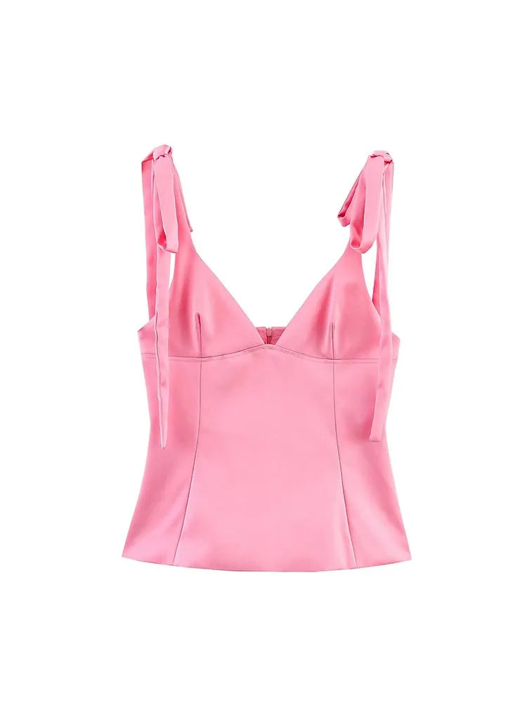 2025 Women Summer Casmis Tank Tops Fashion Sweet Solid Strapless Drawstring Bow Female Elegant Street Top Clothing