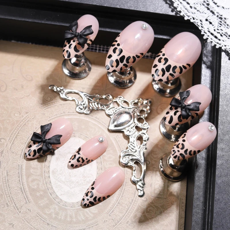 24pcs Wearable Brown Fake Nails Fashion Leopard Print 3D bowknot Design Press on Nails Tips French False Nail Set woman almond