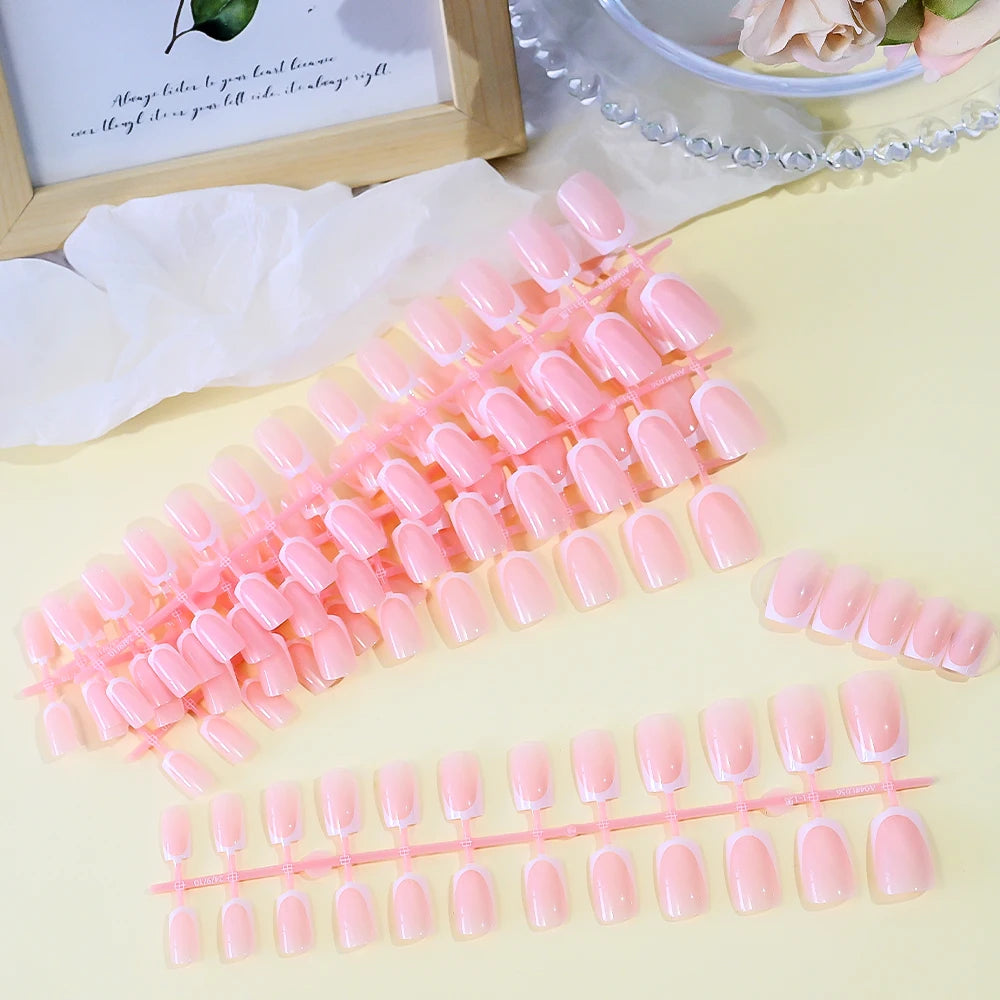 120Pcs Short Square Coffin French Fake Nails Glossy Pink  Full Cover Wearable Press on Nails Wearable Acrylic Fake Nails Tips #