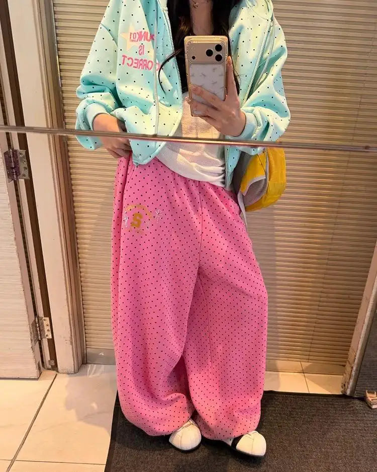 New Y2K American Jogging Elastic Waist Floor Length Pants Retro Bronzing Pink Sweatpants Polka Dotsoversized Loose Casual Pants
