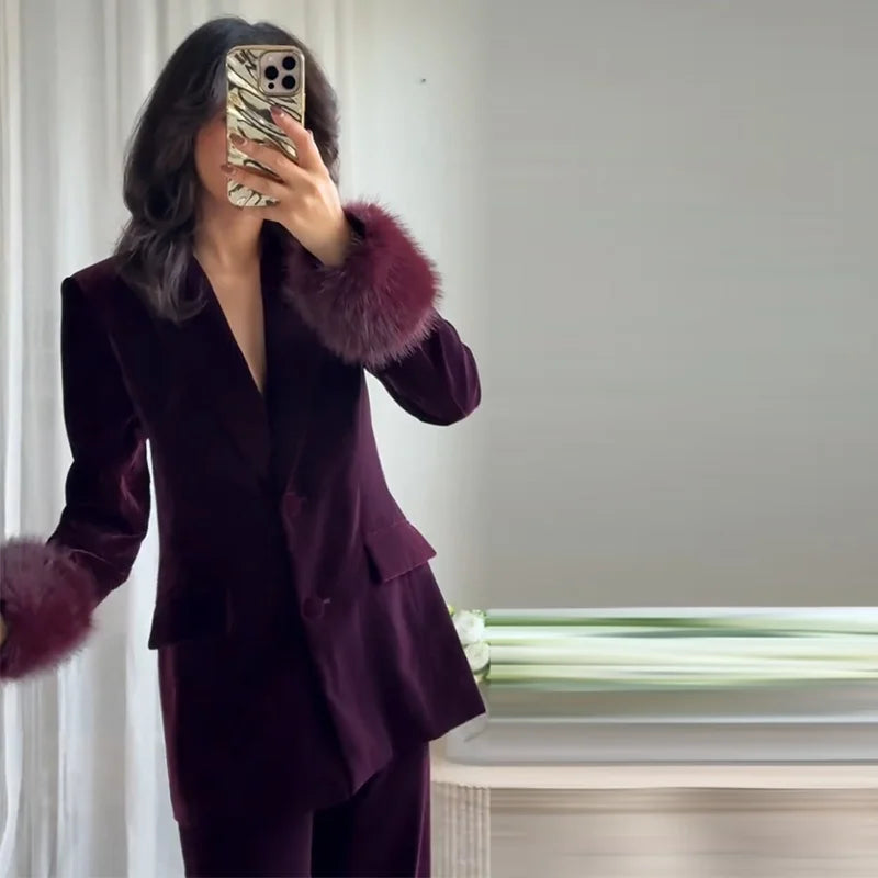 Elegant Feathers Women Blazer Pants Suit Lapel Button Coat Straight Wide Leg Trousers Lady Set 2026 Spring Female Outfits