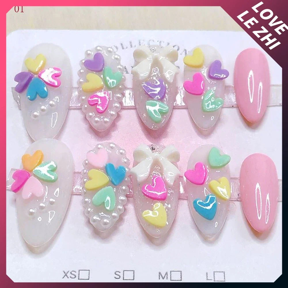 10Pcs Sweet Lovely Handmade Long Coffin Wearable Fake Nail Kawaii Girlish Heart Cartoon Pink Pearl Bow Diamond False Nail Gift