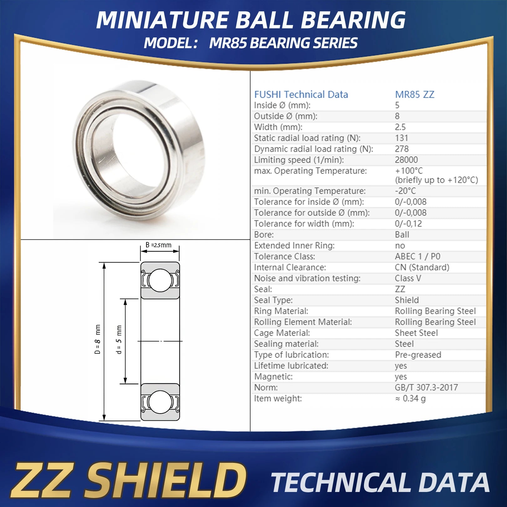 FUSHI MR85 ZZ Bearing 5x8x2.5 mm 10Pcs MR85ZZ RS 2RS MR85Open Handpiece Bearings For Video Card High Speed For Motor