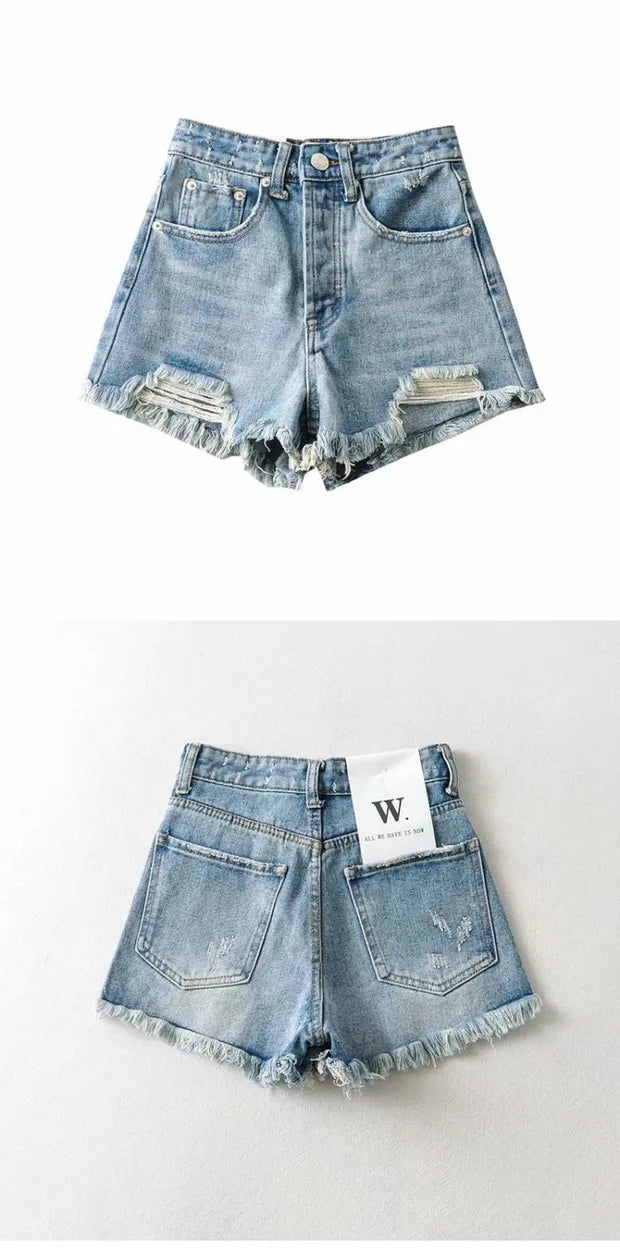 High Waist Tassel Frayed Distressed Denim Shorts Women's Fashion Summer  Slimming Effect Straight Leg Short Pants