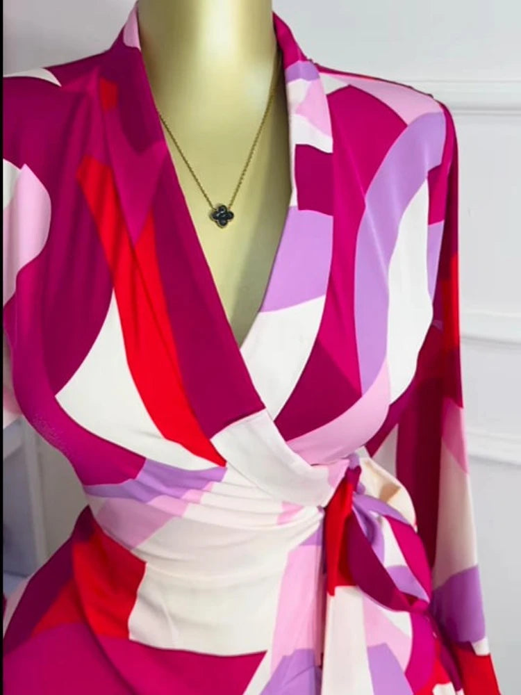 Elegant Women Tie Dye Print Flare Long Sleeve Wrap V-neck with Sashes Ruffle Dress 2026 Elegant Vacation Party Birthday Dresses