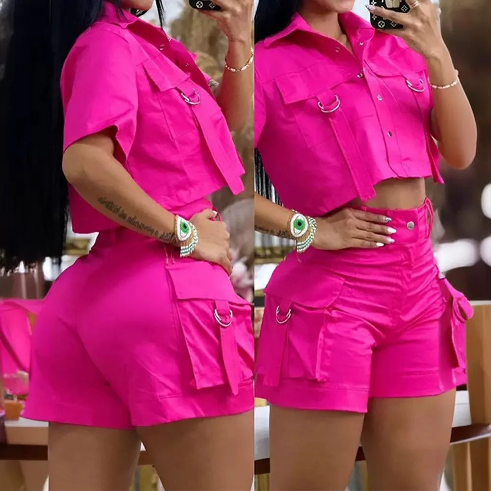 Two Piece Set Women Outfit 2024 Summer Short Sleeve Turn-Down Collar Buttoned Crop Top Casual Pocket Design Vacation Pants Set