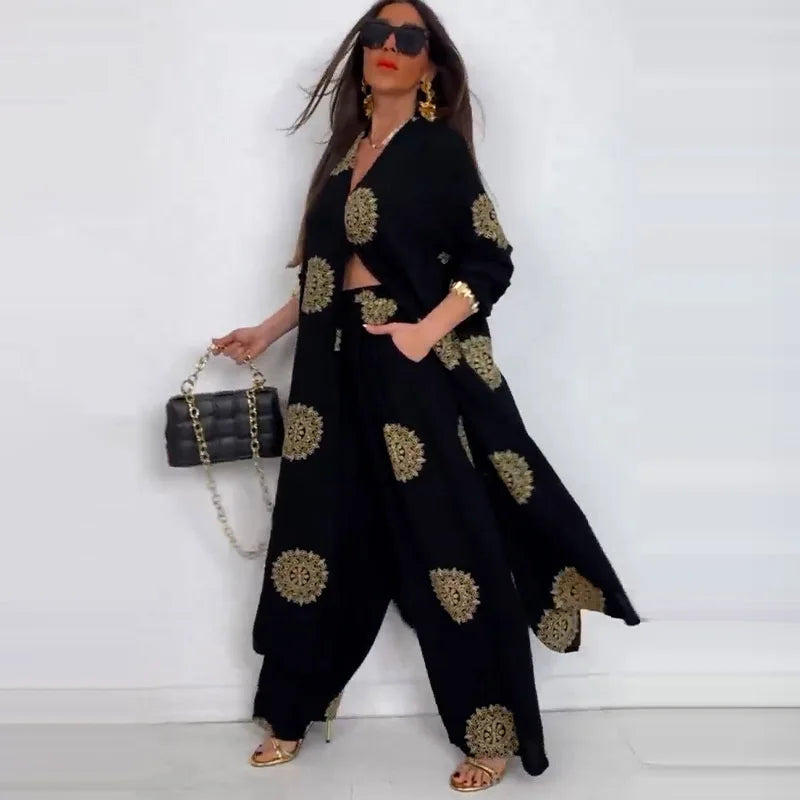 Eid Muslim Suits Women Print Blouses Wide Leg Pants Set Two Piece Musulman Ensemble Dubai Arabic Morocco Islam Casual Ramadan
