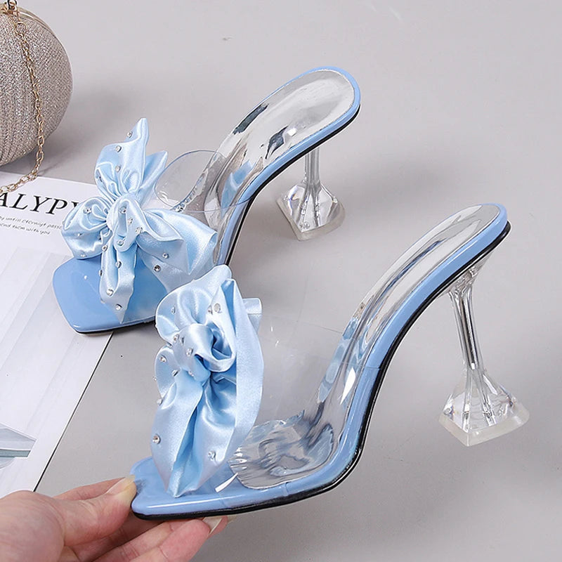 2025 New Fashion Crystal Bow High Heels Slippers Shoes Woman Sexy PVC Transparent Sandals Women Slides Open Toe Pumps Blue Black