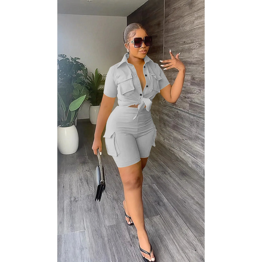 Women Shorts Two Piece Set Turn Down Collar Shirt Button Lace Up High Waist Short Sets Pockets Elegant Lady Streetwear Suit