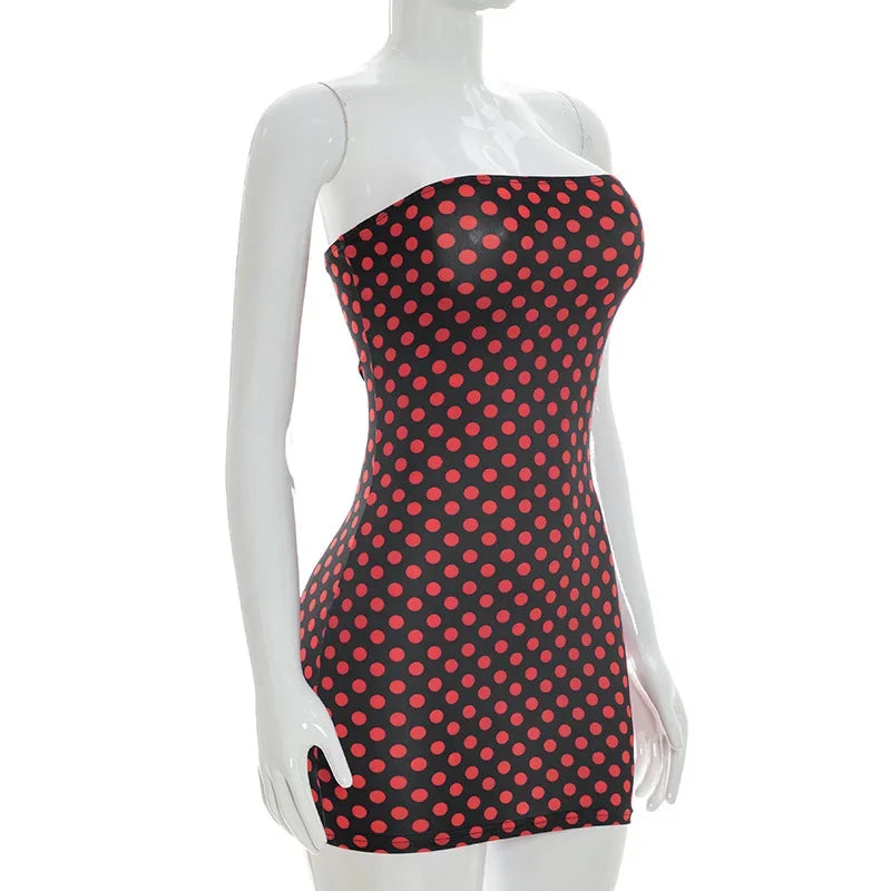 Sexy Strapless Backless Mini Dress Women Dot Print Party Club Y2K Clothes Bodycon Summer Off Shoulder Sleeveless Dresses Outfit