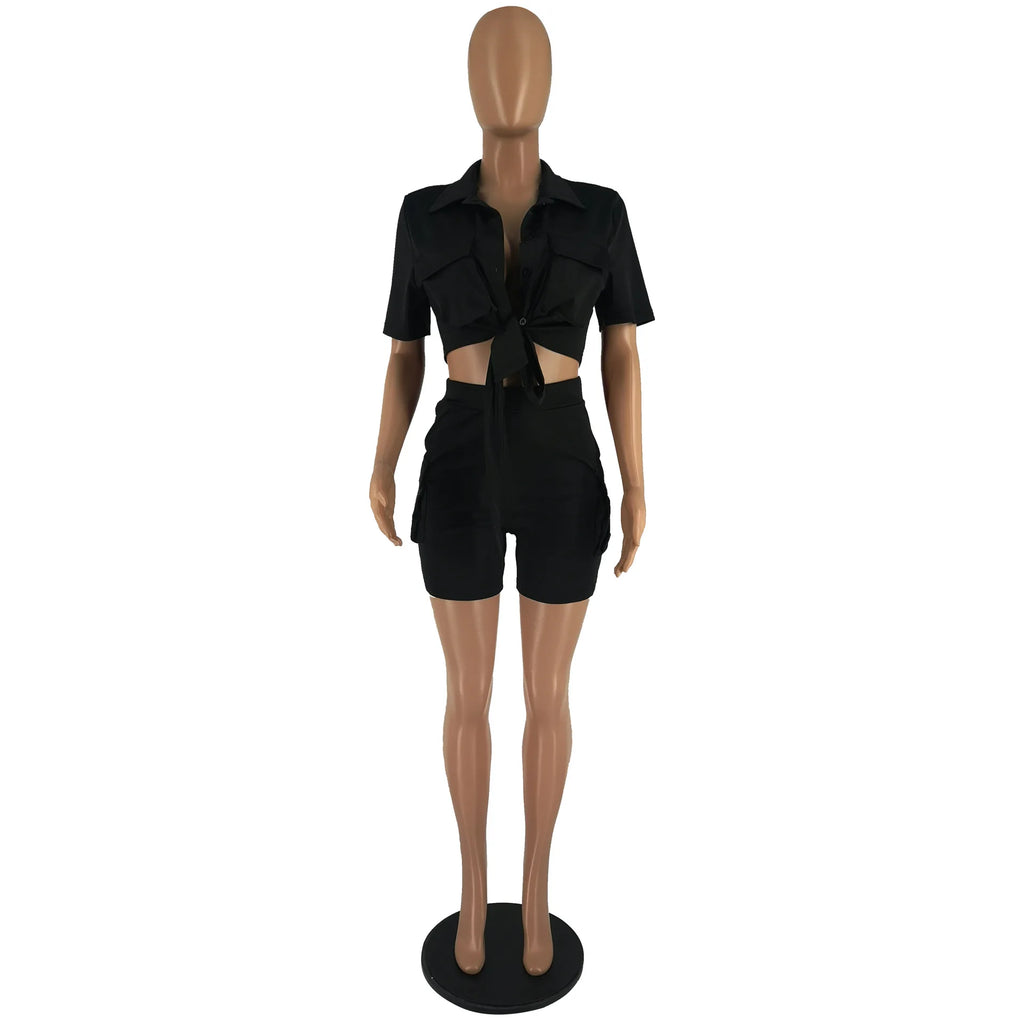 Women Shorts Two Piece Set Turn Down Collar Shirt Button Lace Up High Waist Short Sets Pockets Elegant Lady Streetwear Suit