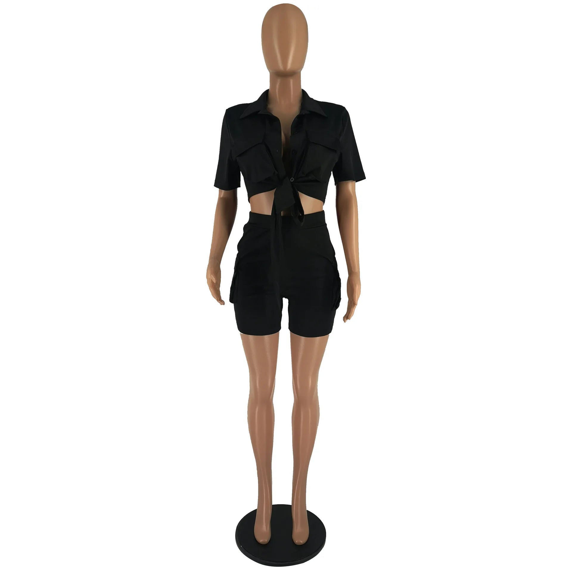 Women Shorts Two Piece Set Turn Down Collar Shirt Button Lace Up High Waist Short Sets Pockets Elegant Lady Streetwear Suit