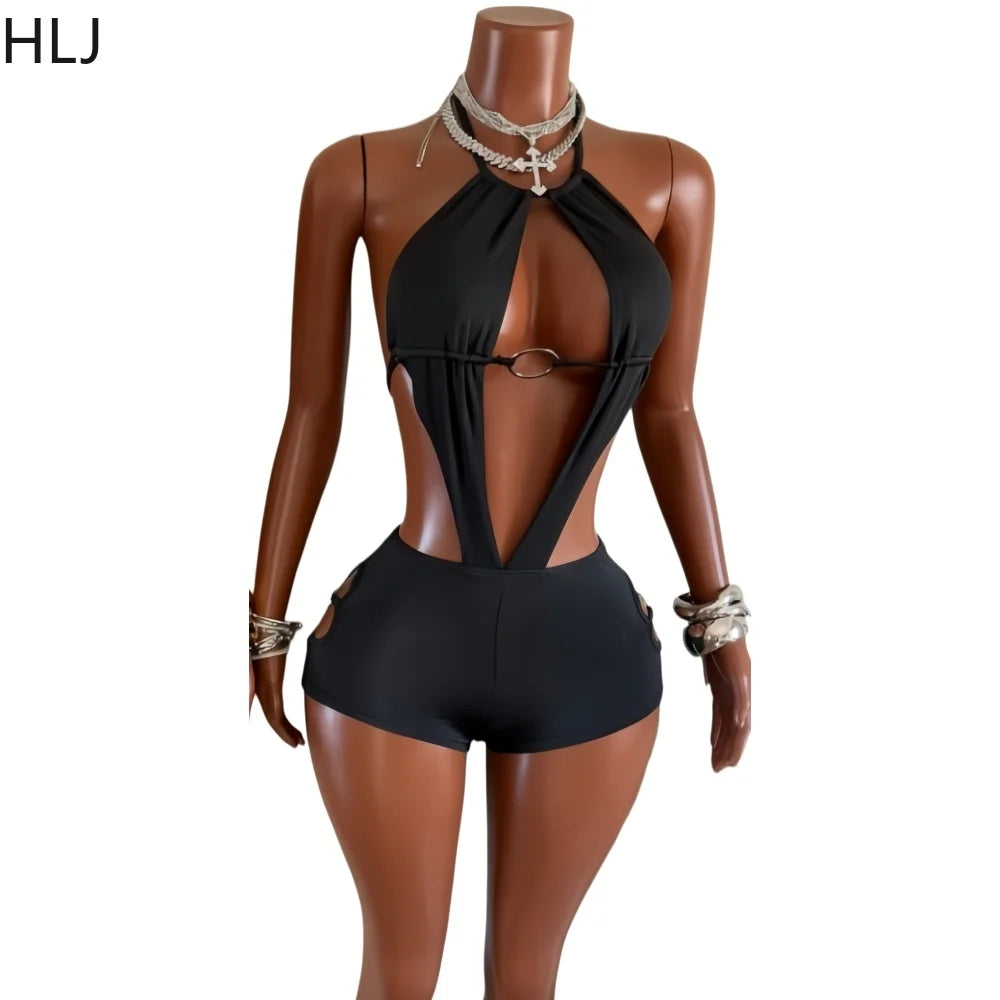 HLJ Sexy Deep V Neck Bodycon Romper for Women Black Halter Sleeveless Backless Shorts Jumpsuit Female Club Party Streetwear New