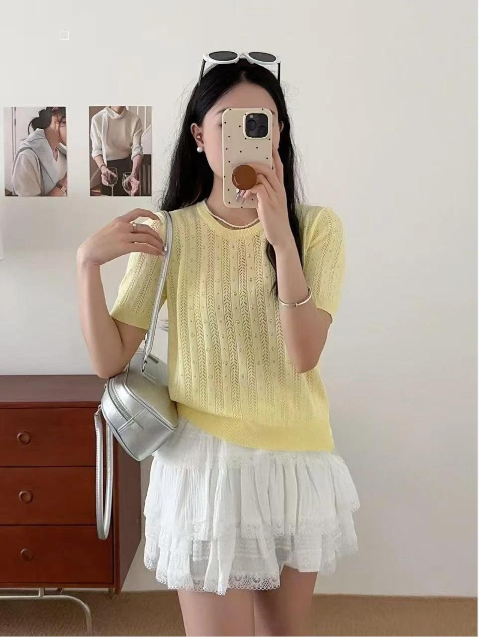 shintimes Short Sleeve Knitted T-shirt For Women O Neck Solid Pullover Tops Female Hollow Out Fashion Thin Tshirts Summer
