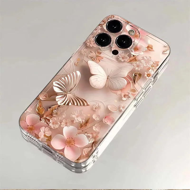 Creative Butterfly Flower Pattern Phone Case For iPhone 11 12 13 14 15 16 17 Pro Max XS X XR 7 8 Plus 16e Transparent Soft Cover