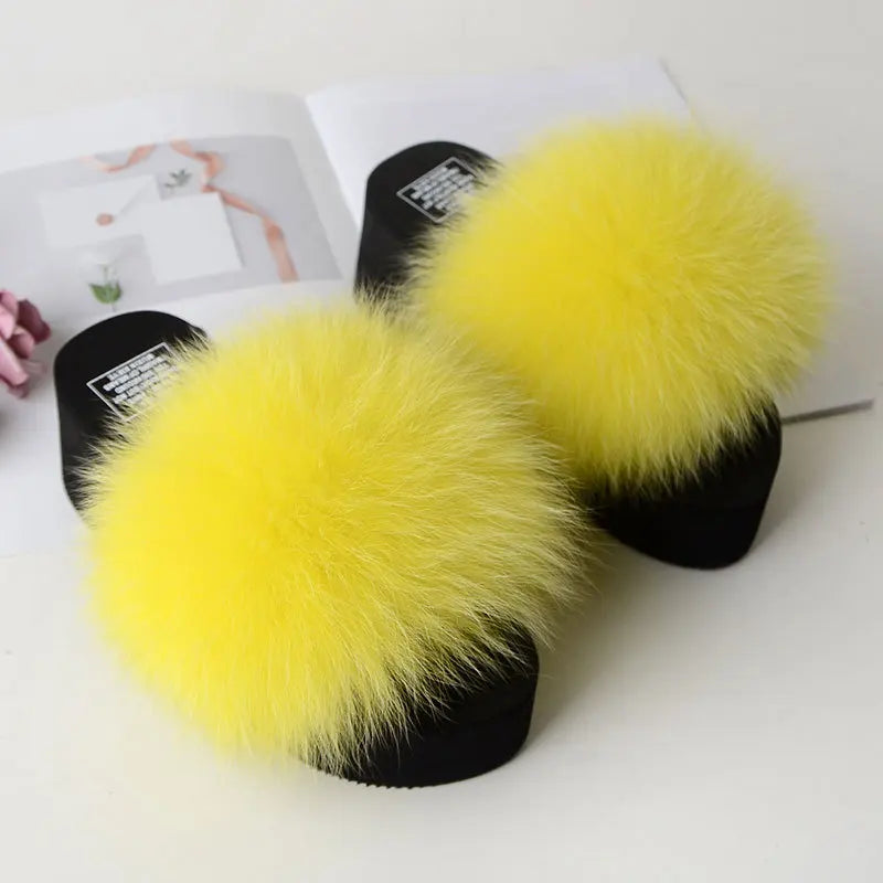 Women Fox Fur Slippers Woman Fashion Sandals Girls Casual Fur Slides 7cm Thick Sole Summer Platform Shoes Modern Slippers Wedges