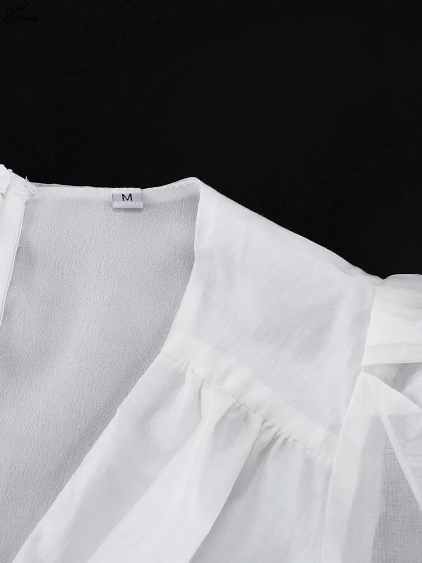 Oymimi Women's White Mini Dress 2026 Spring Deep V-Neck Puff Sleeve Corset Tiered Ruffle Sheer Casual Party Fashion Trendy Wear