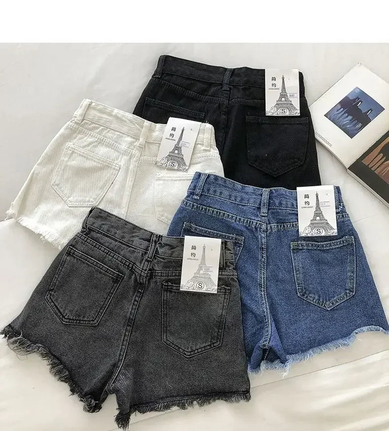 2026 New Summer Women High Wiast Raw Hem Denim Shorts Soild White Black Blue Korean Wide Leg Pants Mon Shorts  Jean Shorts