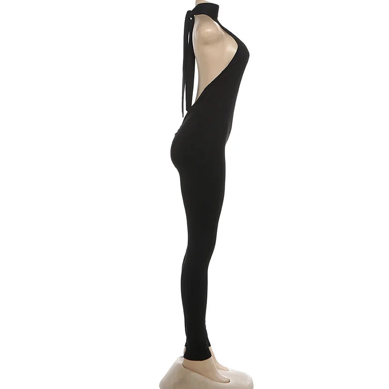 Sexy Skinny Jumpsuits Women Lift Buttocks Jumpsuit Solid Color Bandage Backless Halter Slim Yoga Fashion Overalls Streetwear