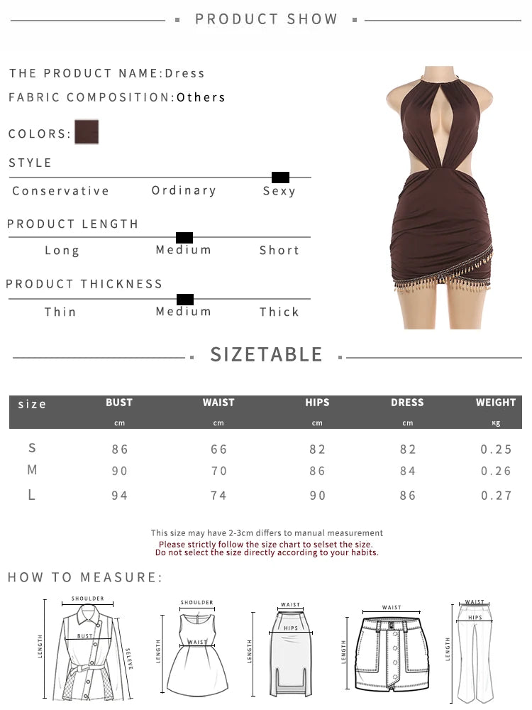 Kliou Sexy Fashion Dress Woman Metal Ring Halter Backless Sleeveless Beads Tassel Decoration Midnight Club Party Mini Bodycon