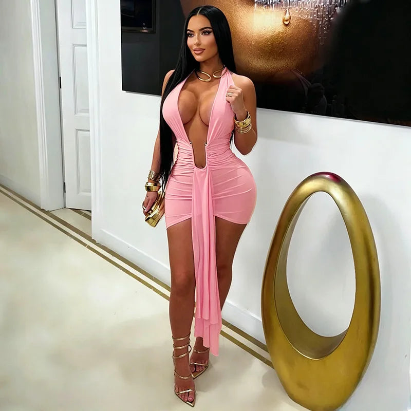 Metal Ring Ribbon Ruched Bodycon Mini Dress Women Solid Sexy Deep V Neck Lace Up Halter Backless Wrap Hip Slim Party Clubwear