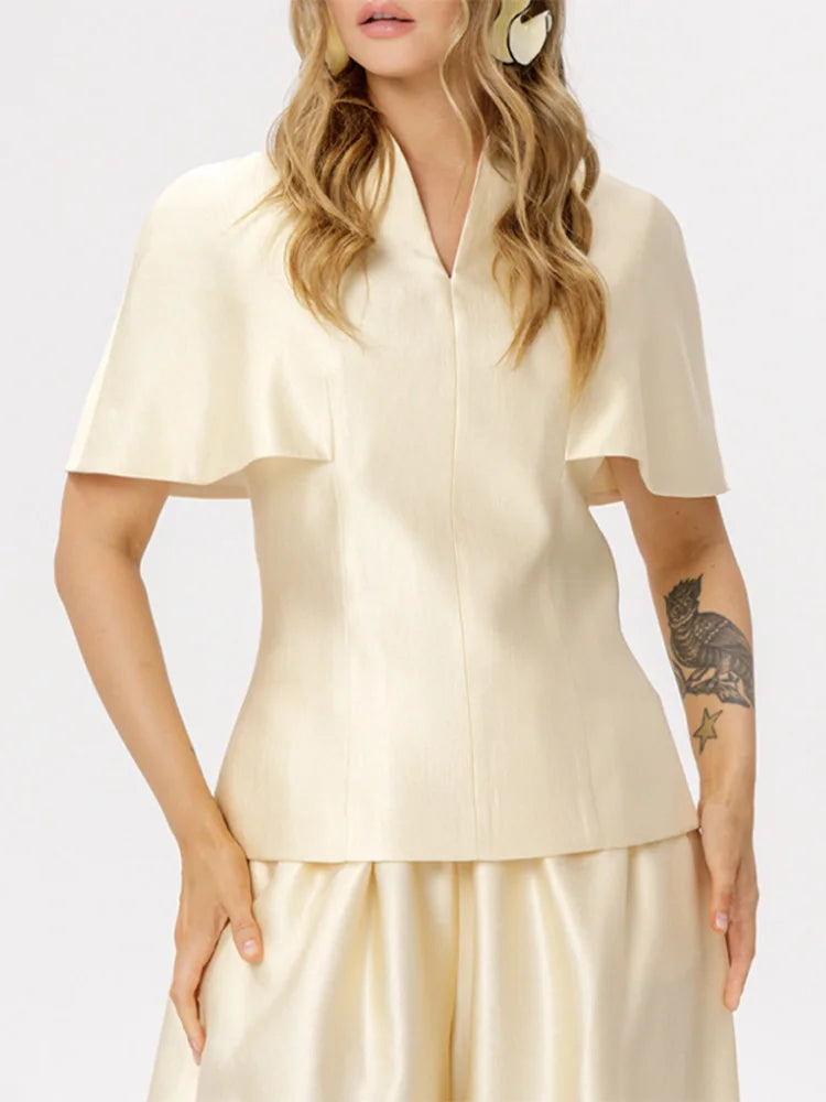 Casual Summer Women's Suit Solid Patchwork Top Long Pants Sets V-neck Short Sleeve Tops Loose Lantern Pant 2026 Lady Chic Suits