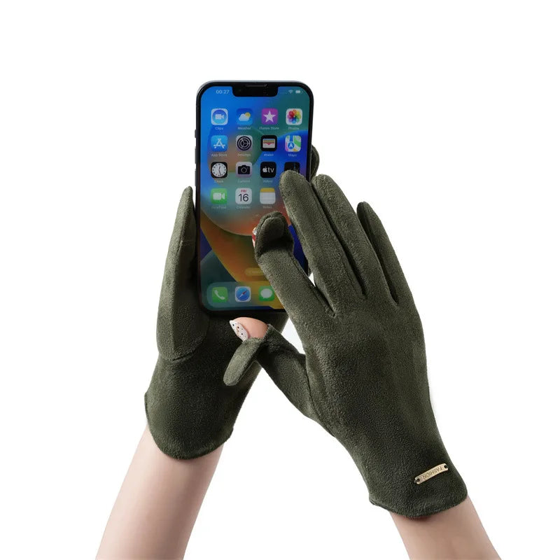 Autumn Winter Women Keep Warm Fingertip Flap Touch Screen Thin Solid Simple Gloves Cycling Drive Suede Fabric Elegant Windproof