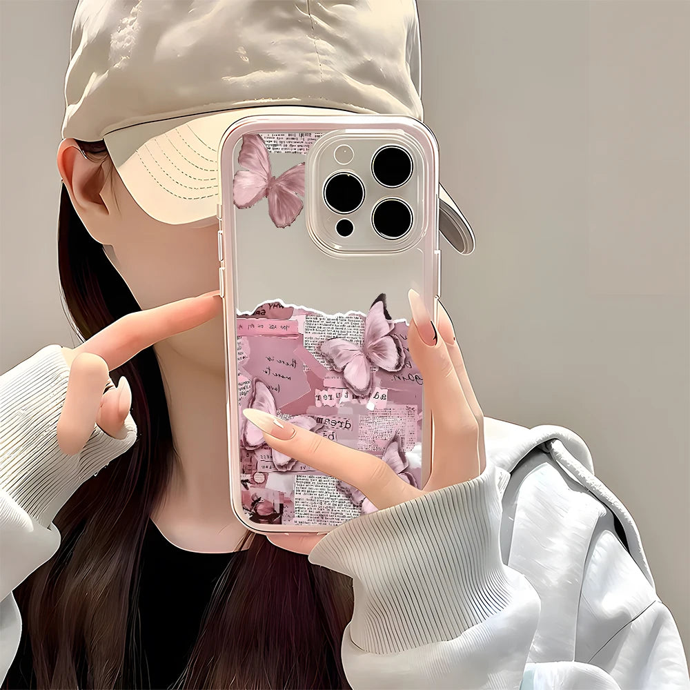 Pink Butterfly Collage Pattern Clear Phone Case For iPhone 11 12 13 14 15 16 17 Pro Max Air Plus 2 in 1 Candy Color Soft Cover