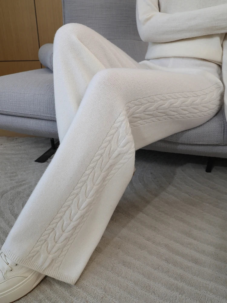 100% Merino Wool Wide Leg Pants Women's Elastic Waist Twist Flower Jacquard Trousers Autumn Winter Soft Solid Knitted Wool Pants