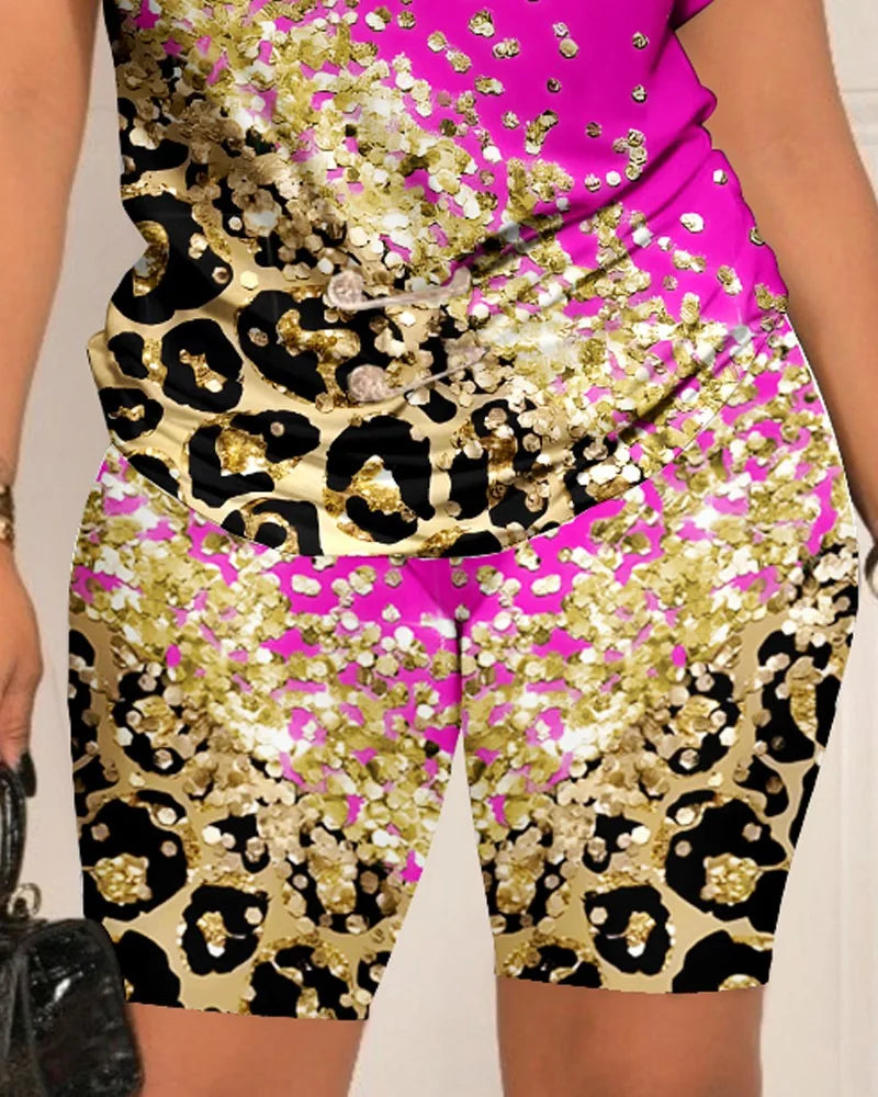 Women Leisure Pin Digital Printing Set O Neck Short Sleeve T-shirt And Shorts 2 Pieces Sets Summer Top + Short Pant 2 PCS Suits