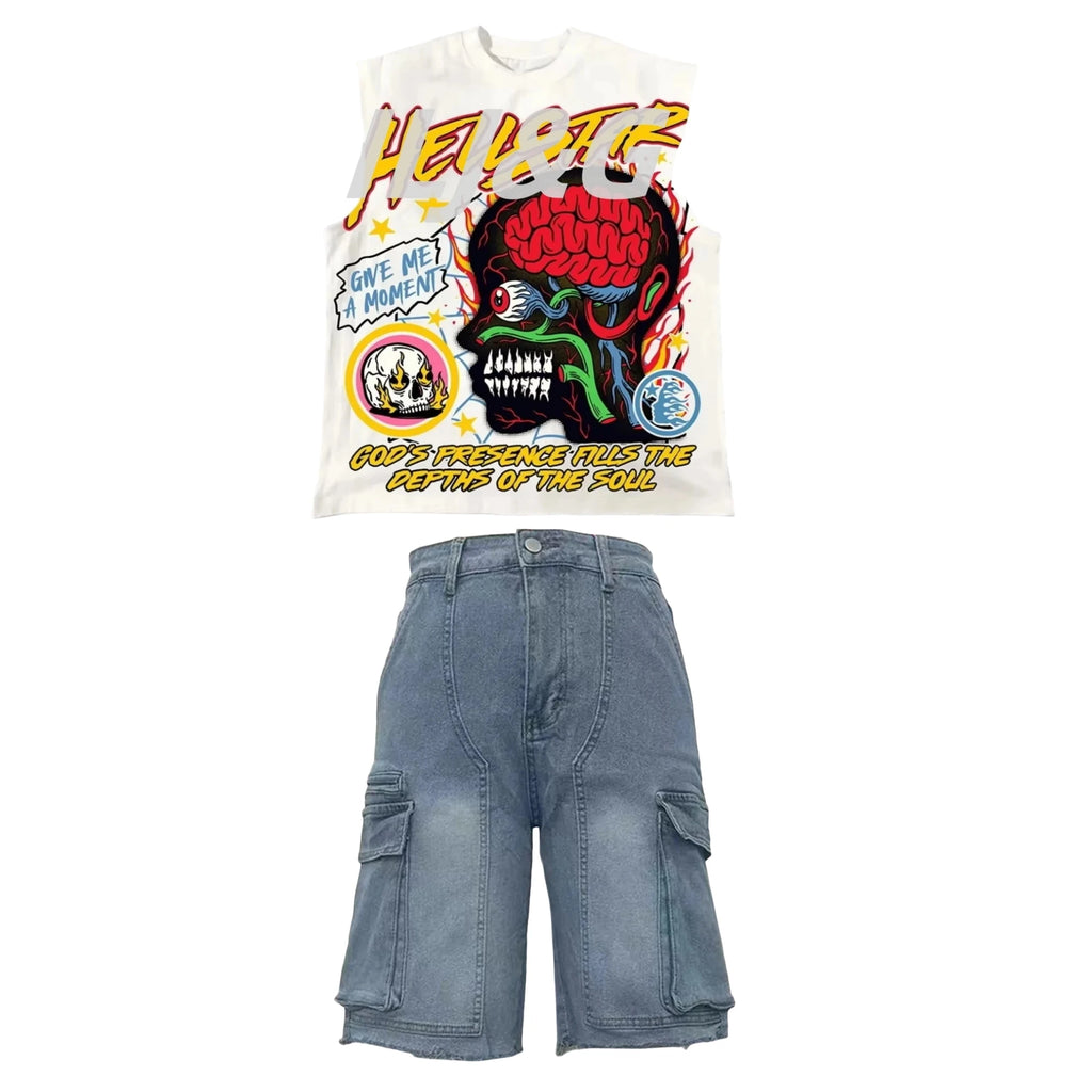 HLJ&GG Y2K Hot Girl Fashion Pattern Print Two Piece Sets Women O Neck Sleeveless Top And Denim Cargo Shorts Outfits Streetwear