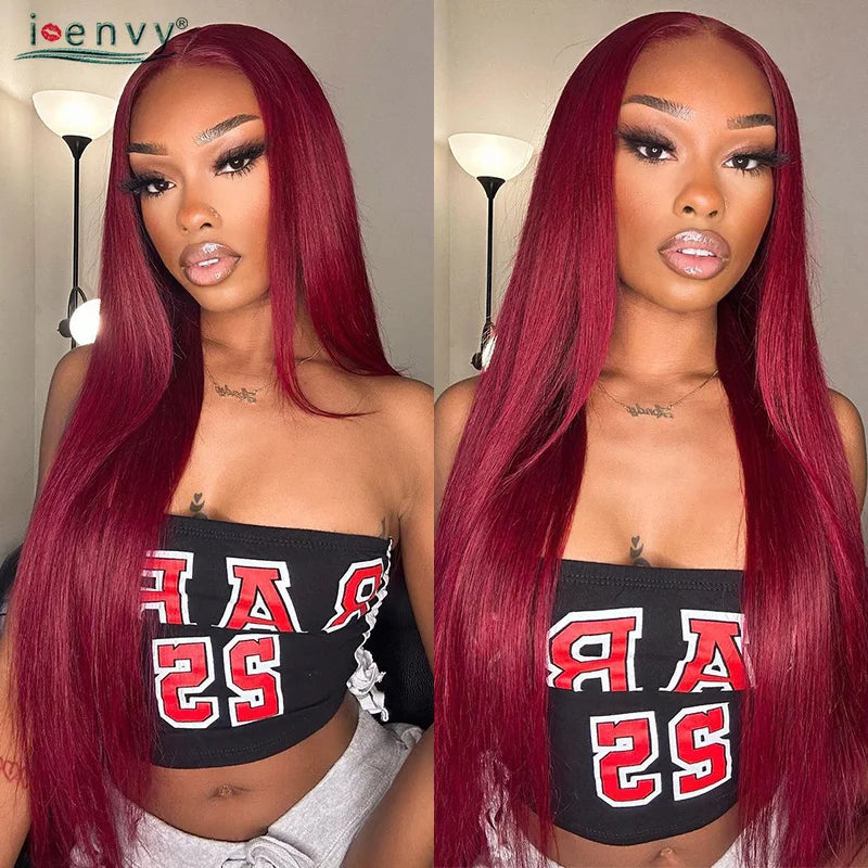 99J Red Colored Lace Front Human Hair Wigs Silky Straight 13X4 13X6 Burgundy Hd Transparent Pre Plucked Lace Frontal Wigs 180%