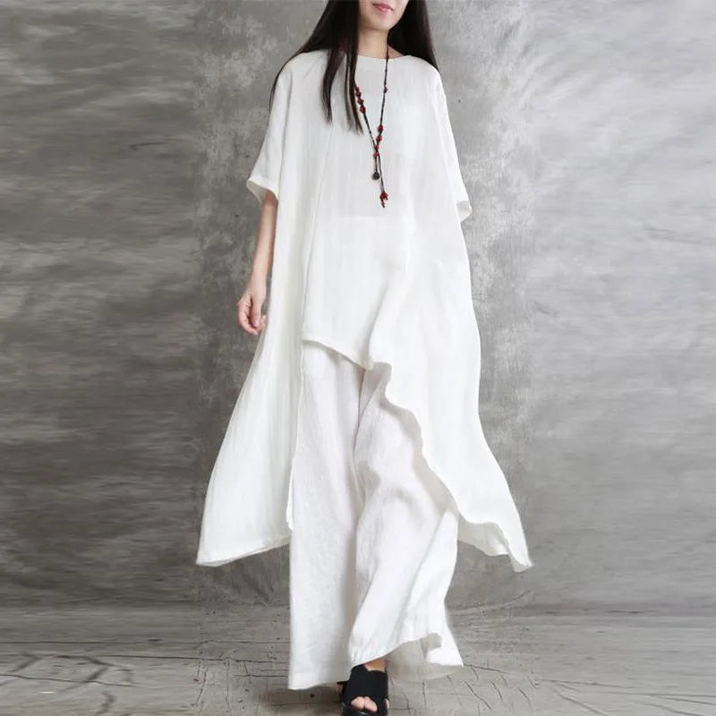 Loose Casual Cotton Linen Two Piece Set Fashion Round Neck Irregular Half Sleeved Extended Top Elastic Waist Wide Leg Pants Set