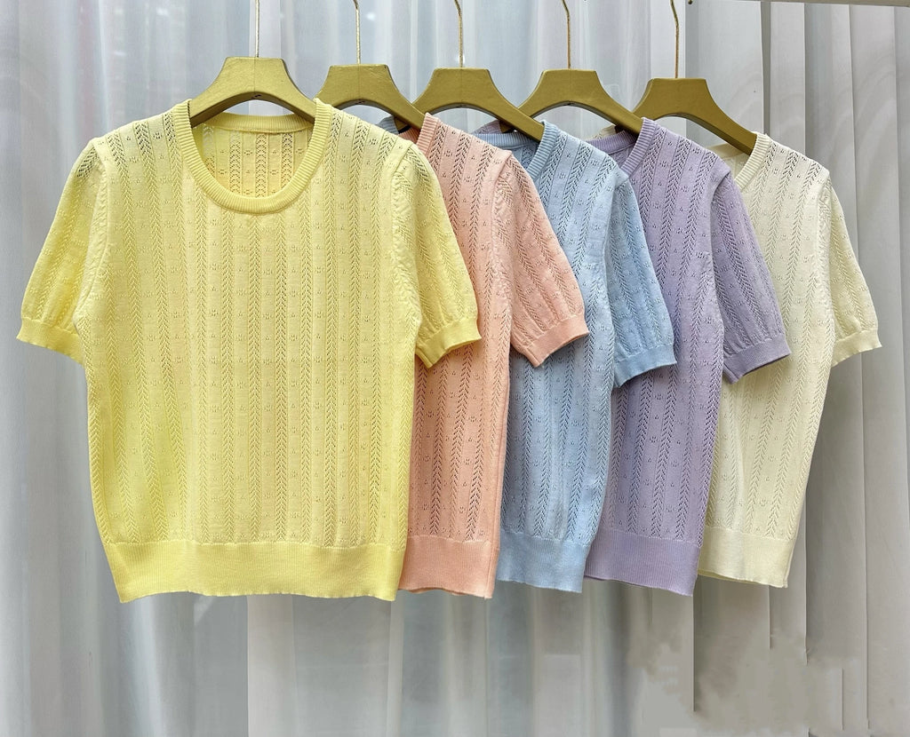 shintimes Short Sleeve Knitted T-shirt For Women O Neck Solid Pullover Tops Female Hollow Out Fashion Thin Tshirts Summer